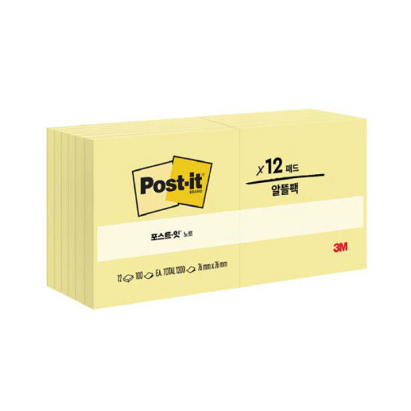 3M 포스트잇 대용량 알뜰팩 노랑색 654-12A 654 노트 76x76mm 1200매