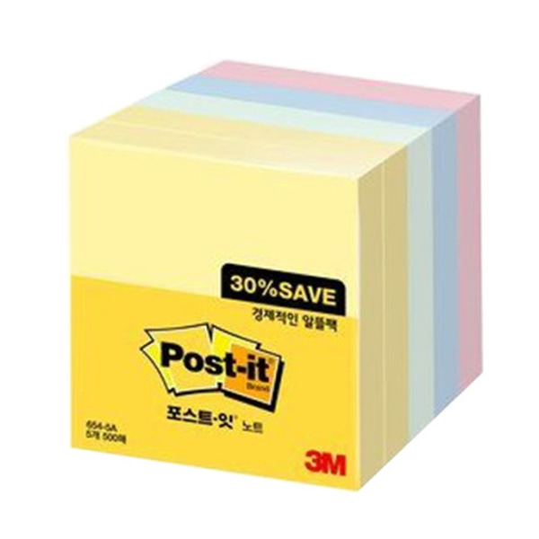 3M 포스트잇 대용량 알뜰팩 654-5A 654 노트 76x76mm 500매